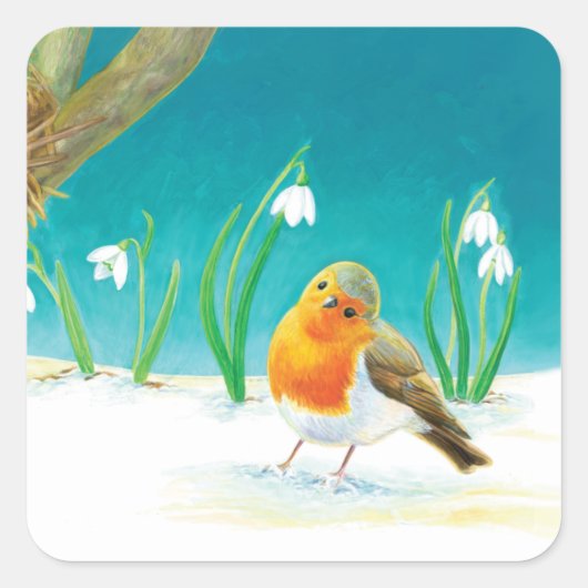 Red Robin Bird en Snowdrops Illustratie Vierkante Sticker (Voorkant)
