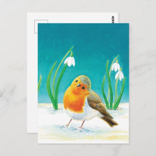Red Robin Bird (Erithacus rubecula) & Snowdrops Briefkaart (Voorkant / Achterkant)