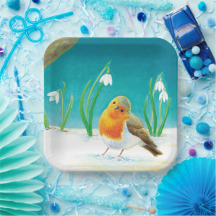 Red Robin Bird & Snowdrops Illustratie Papieren Bordje