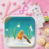 Red Robin Bird & Snowdrops Illustratie Papieren Bordje (Feest)