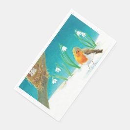 Red Robin Bird & Snowdrops Illustratie Servet