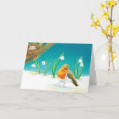Red Robin Bird & Spring Snowdrops Illustratie Kaart (Gele Bloem)