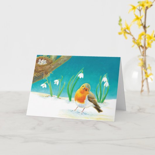 Red Robin Bird & Spring Snowdrops Illustratie Kaart (Gele Bloem)
