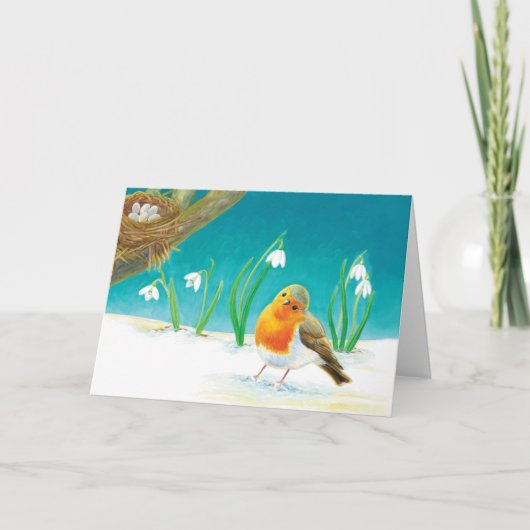 Red Robin Bird & Spring Snowdrops Illustratie Kaart (Voorkant)