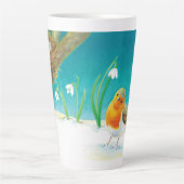 Red Robin Bird & Spring Snowdrops Illustratie Latte Mok (Voorkant)