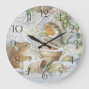 Red Robin Bird Squirrel Winter Kerstmis Grote Klok