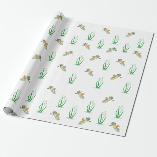 Red Robin Birds and Snowdrops, Galanthus nivalis Cadeaupapier (Uitgerold)