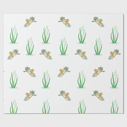 Red Robin Birds en Snowdrops Spring Patroon Cadeaupapier (Vlak)