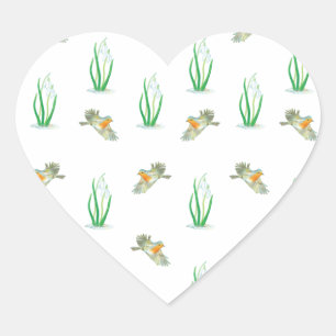 Red Robin Birds en Snowdrops Spring Patroon Hart Sticker