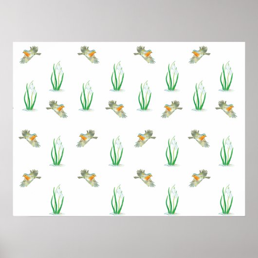 Red Robin Birds en Snowdrops Spring Patroon Poster (Voorkant)