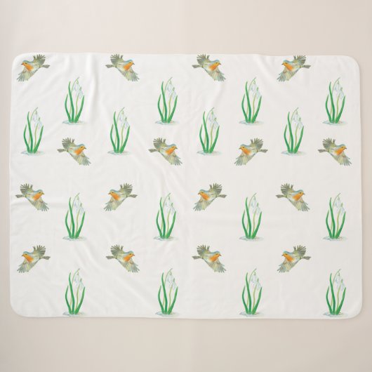 Red Robin Birds en Snowdrops Spring Patroon Sherpa Deken (Voorkant (horizontaal))