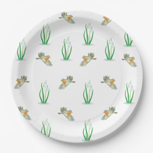 Red Robin Birds & Snowdrops Playful Spring Pattern Papieren Bordje (Voorkant)