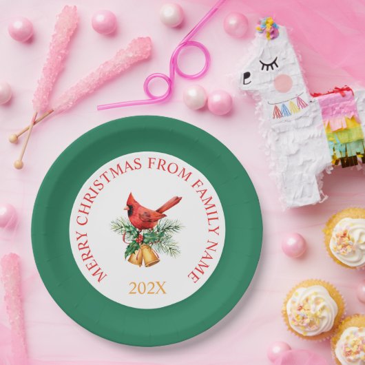 Red Robin en Gold kerstballen op wit en groen Papieren Bordje (Feest)