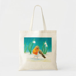Red Robin (Erithacus rubecula) en Snowdrops Tote Bag