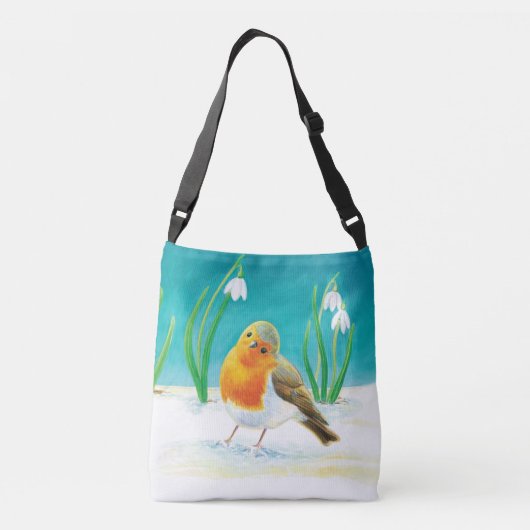 Red Robin (Erithacus rubecula) & Spring Snowdrops Crossbody Tas (Achterkant)