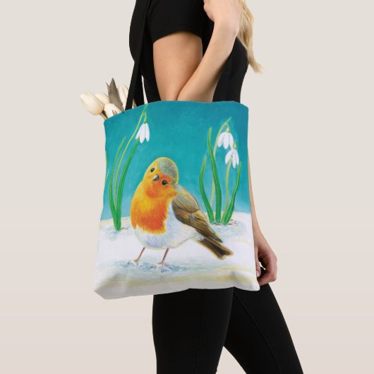 Red Robin (Erithacus rubecula) & White Snowdrops Tote Bag (Dichtbij)