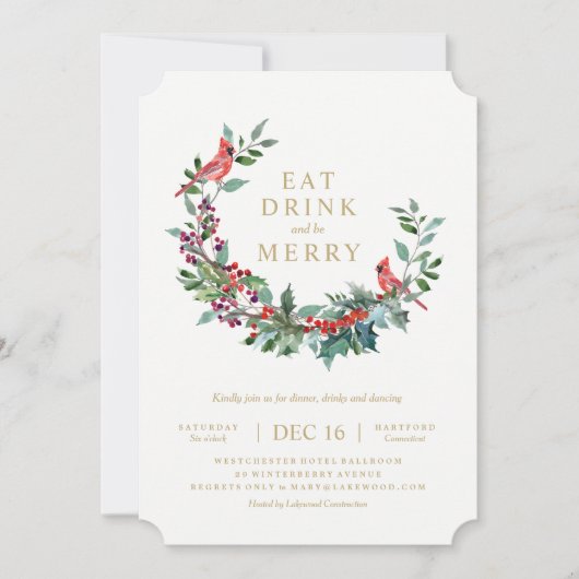 Red Robin Holiday Wreath Party Invitation Kaart (Voorkant)