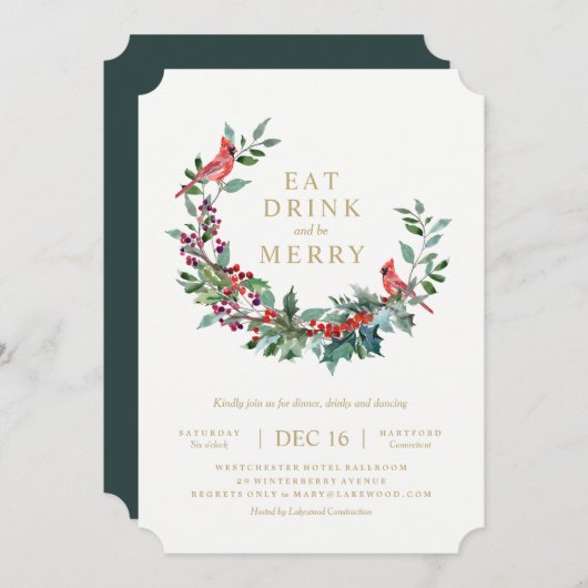 Red Robin Holiday Wreath Party Invitation Kaart (Voorkant / Achterkant)