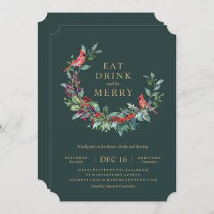 Red Robin Holiday Wreath Party Invitation Kaart