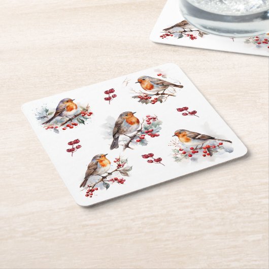 Red Robin Holly Christmas Kartonnen Onderzetters (Schuin)