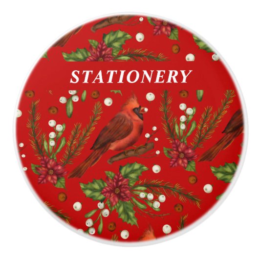 Red robin mistletoe Aangepaste naam rood kerstfees Keramische Knop (Voorkant)