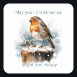 Red Robin Pine Cone Kerstmis Vierkante Sticker<br><div class="desc">Dit ontwerp is voorzien van een waterverf afbeelding van Red Robin in de winter</div>