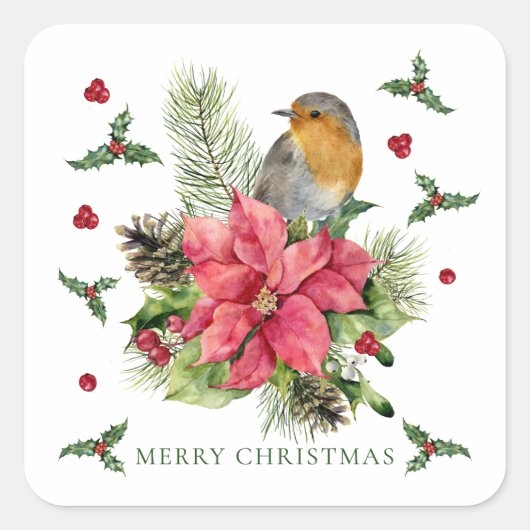 Red Robin Poinsettia Kerstmis Vierkante Sticker (Voorkant)