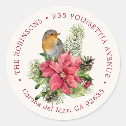 Red Robin, Poinsettia Retouradreslabel Ronde Sticker (Voorkant)