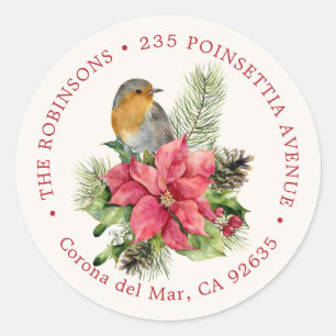 Red Robin, Poinsettia Retouradreslabel Ronde Sticker