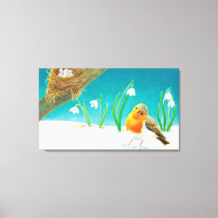 Red Robin Spring Snowdrops Illustratie Canvas Afdruk
