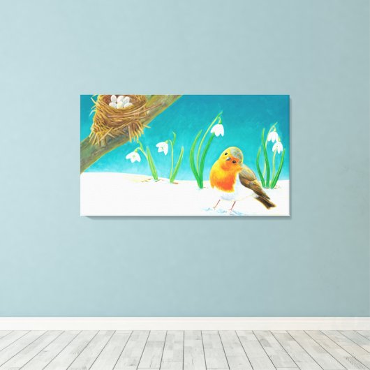 Red Robin Spring Snowdrops Illustratie Canvas Afdruk (Insitu (Houten vloer))