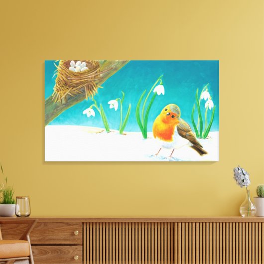Red Robin Spring Snowdrops Illustratie Canvas Afdruk (Insitu (Woonkamer))