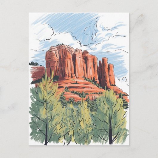 Red Rock, Sedona, Arizona, Potloodtekening Briefkaart (Voorkant)