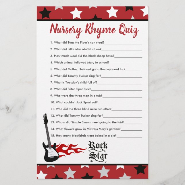 Red Rock Star Baby shower Nursery Rhyme Quiz (Voorkant)