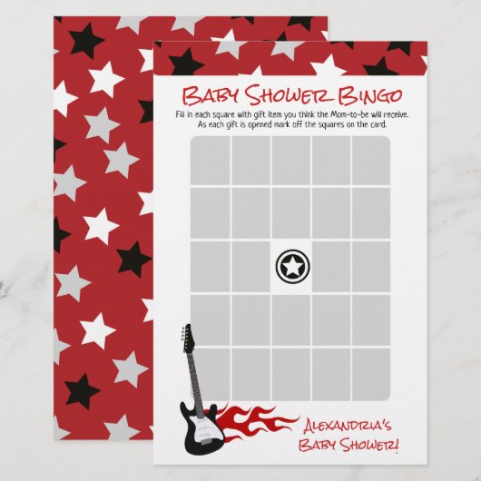 Red Rock Star is een Baby shower Bingo Game (Voorkant / Achterkant)
