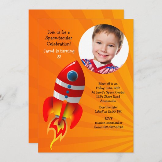 Red Rocket Photo Birthday Party Invitation Kaart (Voorkant / Achterkant)