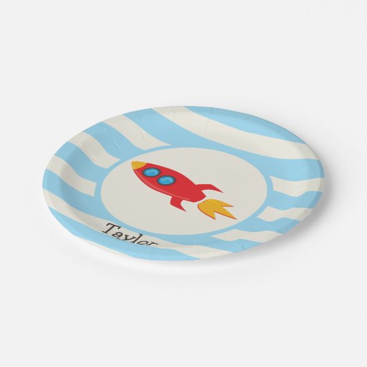 Red Rocket Space Ship; lichtblauwe strepen Papieren Bordje (Gekanteld)