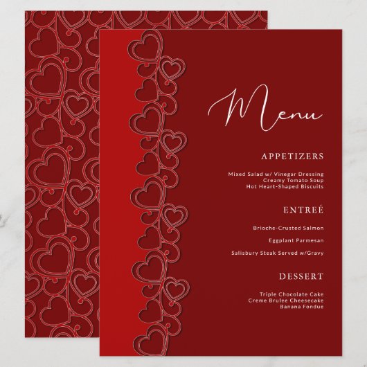 Red Romantic Hearts Swirls Valentijnsdag Holiday Menu (Voorkant / Achterkant)
