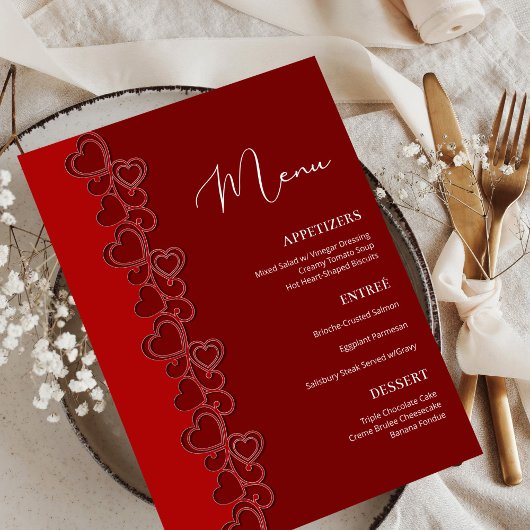 Red Romantic Hearts Swirls Valentijnsdag Holiday Menu
