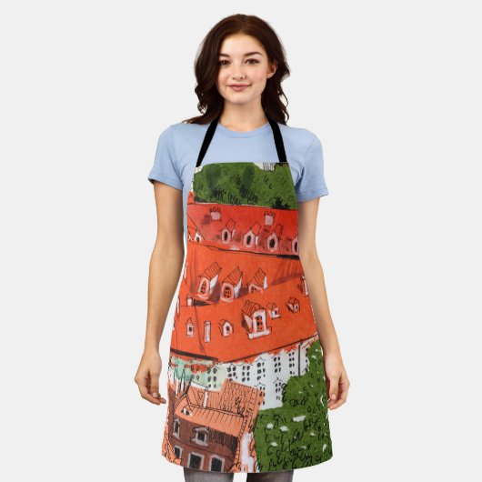 Red Roofs Prague Czech Cityscape Collage Sketch Schort (Gedragen)