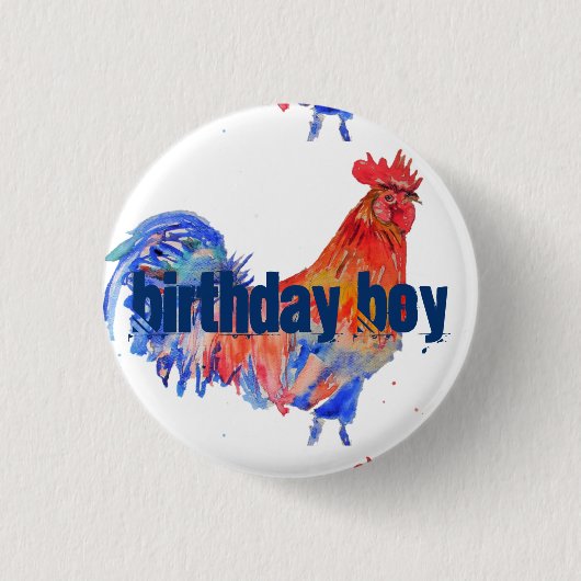 Red Rooster Blue Waterverf Birthday Boy Art Ronde Button 3,2 Cm (Voorkant)