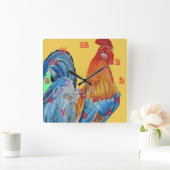 Red Rooster Chicken Cockerel Birds Waterverf Vierkante Klok (Huis)