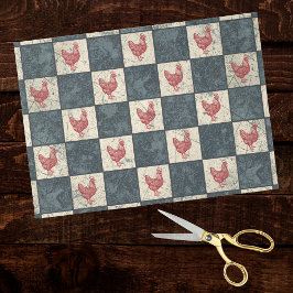 Red Rooster on Gray Black Checkerboard Farmhouse Tissuepapier