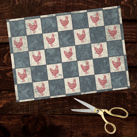 Red Rooster on Gray Black Checkerboard Farmhouse Tissuepapier