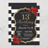 Red Rose 13th Birthday Invitation Gold Glitter Kaart (Voorkant / Achterkant)