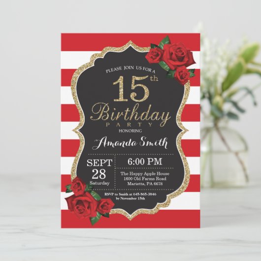 Red Rose 15th Birthday Invitation Gold Glitter Kaart (Staand voorkant)