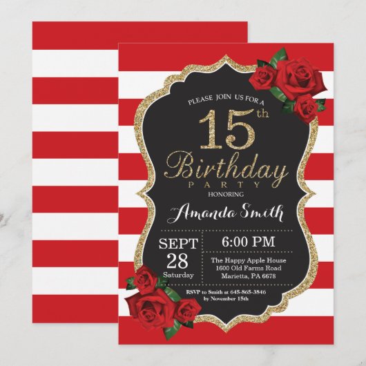 Red Rose 15th Birthday Invitation Gold Glitter Kaart (Voorkant / Achterkant)