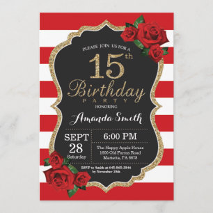 Red Rose 15th Birthday Invitation Gold Glitter Kaart