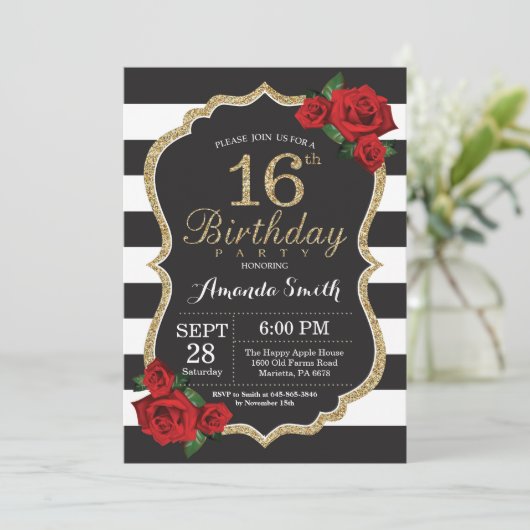 Red Rose 16e verjaardag uitnodiging Gold Glitter (Staand voorkant)