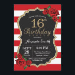 Red Rose 16th Birthday Invitation Gold Glitter Kaart<br><div class="desc">Red Rose 16th Birthday Invitation Gold Glitter. Zwarte en gouden feestdag uitnodiging. Gold Glitter. Rode en witte strepen. Chalkboard. Afdrukbaar digitaal. Voor verdere aanpassing,  te klikken gelieve de knoop "van de Aanpassing het"en ons ontwerphulpmiddel te gebruiken om deze sjabloon te wijzigen.</div>